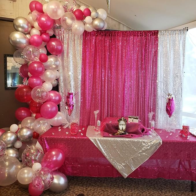 JYFLZQ Hot Pink Sequin Backdrop Curtain 8x8ft 1 Panel Fuchsia Glitter Photo - Image 2