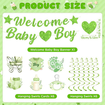 Green Baby Shower Decorations for Boys Glitter Greenery Welcome Baby Boy Banner - Image 2