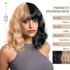 MISSQUEEN Short Black and Blonde Wavy Wig with Bangs for Women Heat Resistant Synthetic Hair Two Color Cosplay Party Costume Wig Halloween Wig