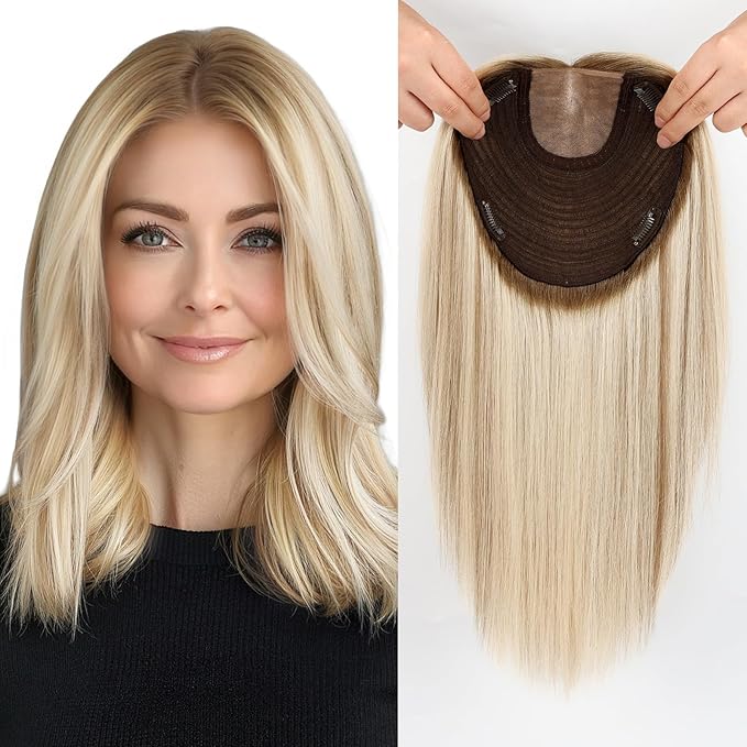 MONO TOP Hair Toppers for Women Human Hair 12 Inch 7"×8" Big Base Partial wig Cover Thinning Hair or Loss No Bangs Top Hair Pieces Natural Wiglets (Blonde Mixed)