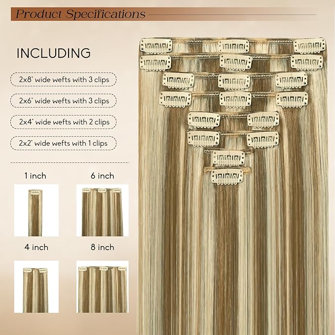 Clip in Hair Extensions Real Human Hair 14Inch 8pcs 75g Seamless Balayage Blonde Hair Extensions Clip Ins Double Weft Light Blonde Highlight Golden Blonde Invisible Straight Remy Human Hair for Women