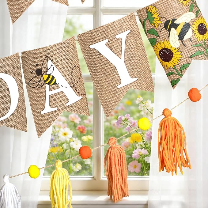 Burlap Sunflower Birthday Banners, Pre-strung Sunflower and Bee Themed Party - Image 4