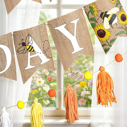 Burlap Sunflower Birthday Banners, Pre-strung Sunflower and Bee Themed Party - Image 4