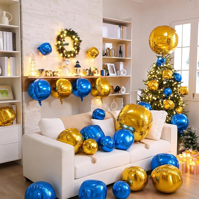 Biapian Blue and Gold Round Balloons Foil, Metallic Gold Blue Large Balloons - Image 5