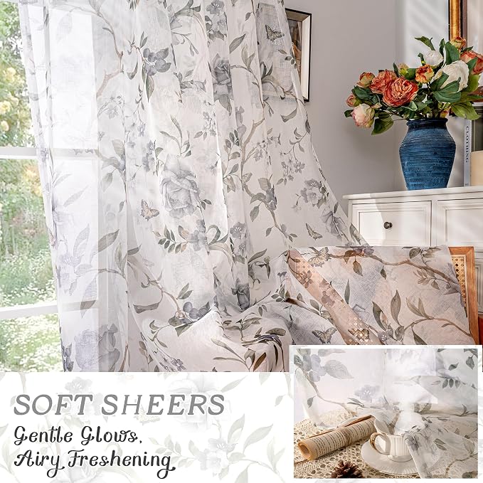 Sheer Curtains 45 Inch Length 2 Panels Set, Floral Patterned Linen Look - Image 6