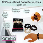 Amelia Beauty, Earth Tones Satin Small Scrunchies, 12-Pack – No Damage Hair Ties for Women, Gentle & Durable Hair Accessories, 2.5in x 0.5in