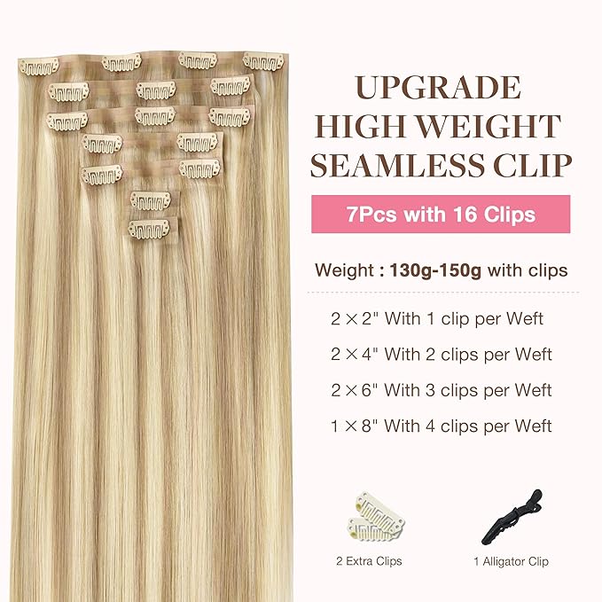 GOO GOO Clip in Hair Extensions Real Human Hair, Remy Human Hair Extensions Clip ins for Women, Natural Human Hair, 12inch 85g 7Pcs, #18A/613A Dark Blonde Highlighted Bleach Blonde