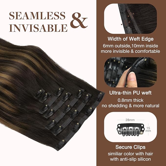 GOO GOO Clip in Hair Extensions Real Human Hair, Remy Human Hair Extensions Clip ins for Women, Natural Human Hair, 20inch 130g 7Pcs, #2/6/2 Balayage Dark Brown to Chestnut Brown