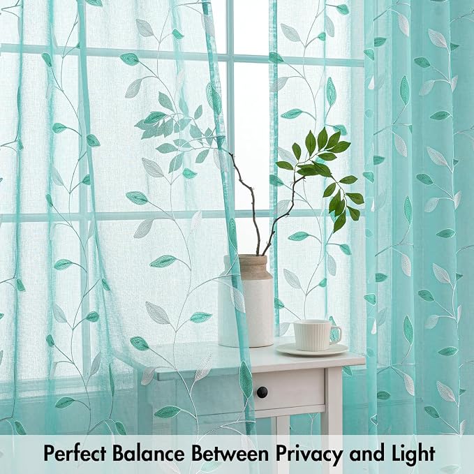 MIULEE Turquoise Sheer Curtains 2 Panels Leaf Patterned, W52 x L96 | - Image 5