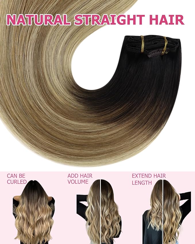YoungSee 150g Clip in Human Hair Extensions Balayage Clip on Hair Extensions for Women Ombre Human Hair Extension Clip ins Dark Brown Roots to Medium Brown with Blonde Rmey Hair 20in 7pcs