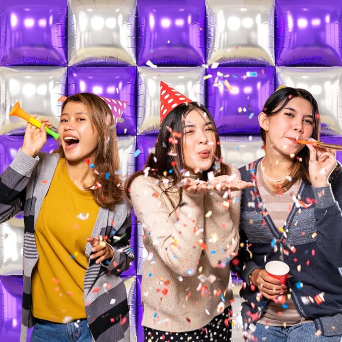Metallic Purple Gold and Silver Double Sided Square Foil Balloons Wall - Image 5