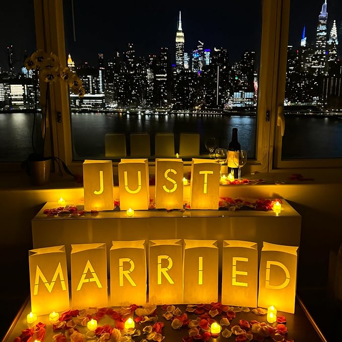 WYMM Just Married Light Up Letters, Tea Lights, Candles & Rose Petals | by Wymm_SayYes