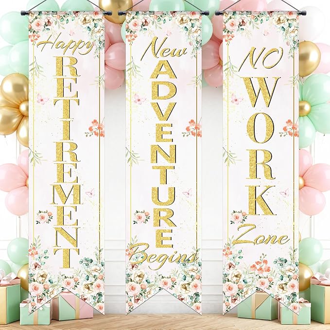 3Pcs Retirement Porch Sign Door Hanging Banner Floral Happy Retirement Banner by TagreSpike