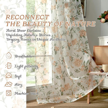 Floral Sheer Curtains for Living Room Window, Country Patterned Light Filtering - Image 2