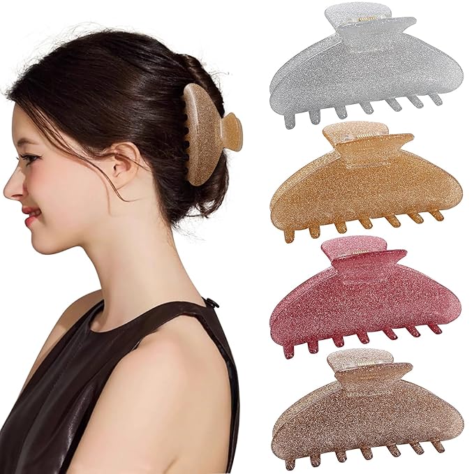 4 Pack Large Acrylic Hair Claw Clips for Women, Cute Shiny Glitter Claw Clips for Thick Hair, Strong Hold Non-Slip Barrettes Clips Ideal Gift for Girls