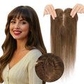 Real Human Hair Toppers for Women 3.54"*4.72" Silky Base 150% Density With Bangs Adjustable Parting Clip-In Topper Hairpieces for Women with Thinning Hair 12 Inches Medium Brown
