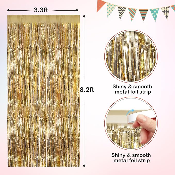 Champagne Gold Metallic Tinsel Foil Fringe Curtains, 2 Pack 3.3x8.3 Feet Party - Image 2