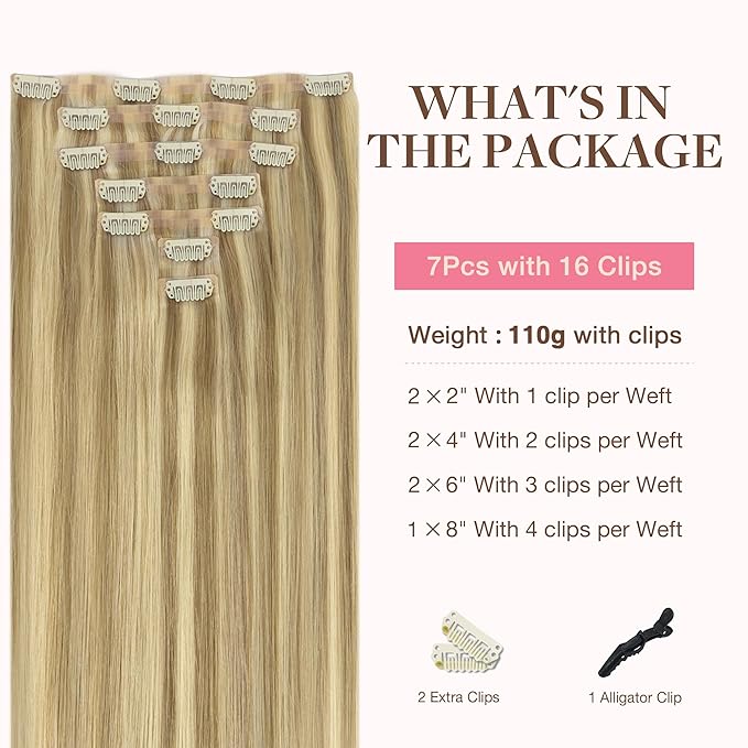 GOO GOO Clip in Hair Extensions Real Human Hair, Remy Human Hair Extensions Clip ins for Women, Natural Human Hair, 20inch 180g 9Pcs, #16/22 Light Blonde Highlighted Golden Blonde