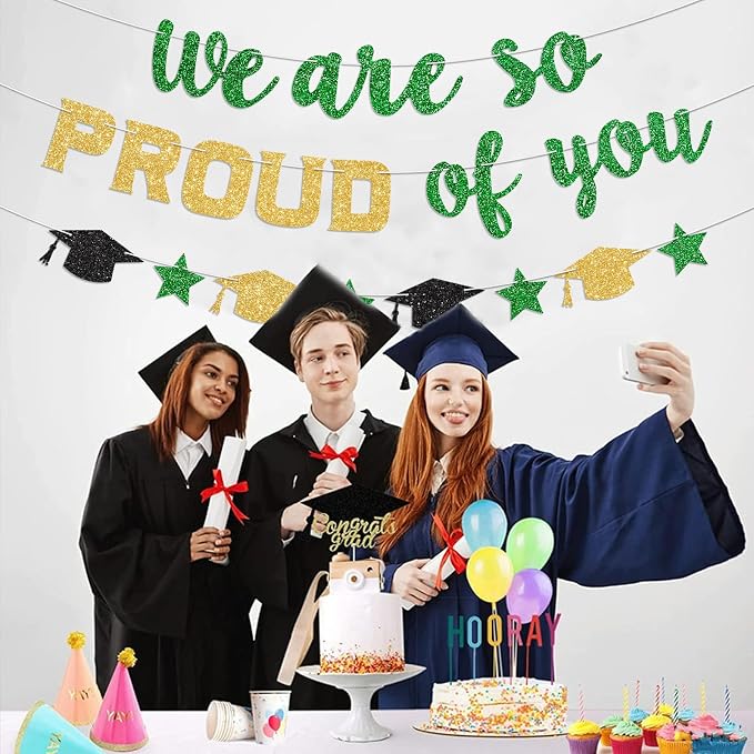 We Are So Proud of You Banner Prestrung Green and Gold Graduation Banner - Image 6