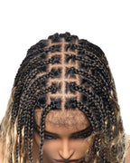 Human Hair Boho Curls Hand-Tied HD Full Lace Wig - 36" Salon-Level Small Box Synthetic Braids (100 Braids, High Density) Pre-Cut Swiss HD Lace, Pre-Plucked, Tangle-Free - 1B/27 Honey Blond