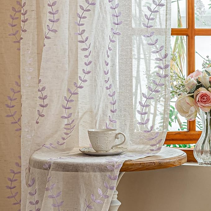 2 Panels Linen Leaf String Floral Embroidered Semi Sheer Curtain Farmhouse by AmHootextile