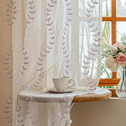 2 Panels Linen Leaf String Floral Embroidered Semi Sheer Curtain Farmhouse by AmHootextile