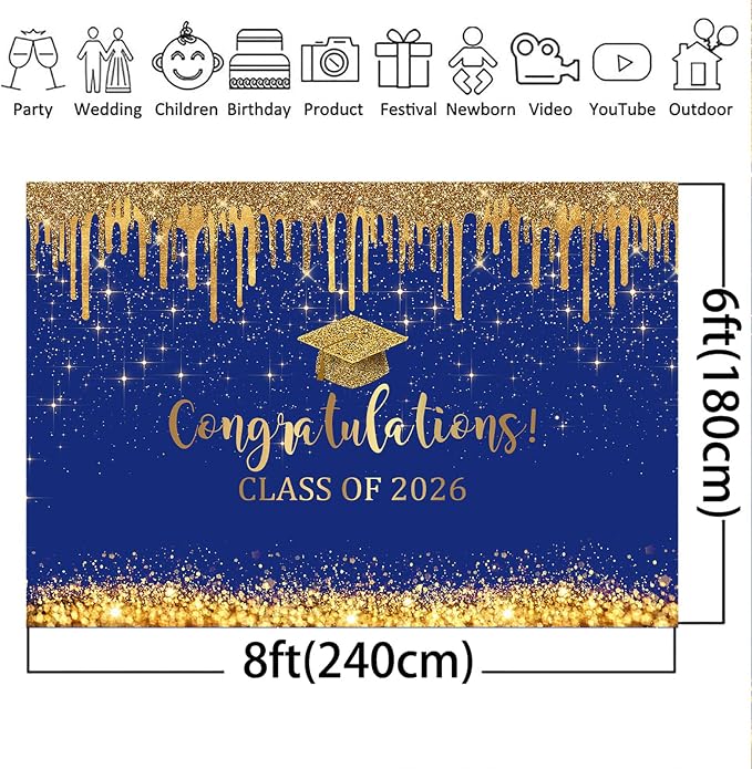 Mocsicka Blue and Gold Graduation Backdrop Congratulations Class of 2026 - Image 5