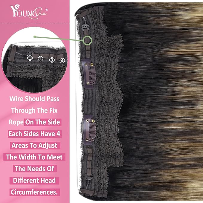 YoungSee 130G Invisible Wire Hair Extensions Balayage Wire Human Hair Extensions Dark Brown Balayage Medium Brown with Blonde Fish Line Hair Extensions Real Human Hair Long Straight Hair 22inch