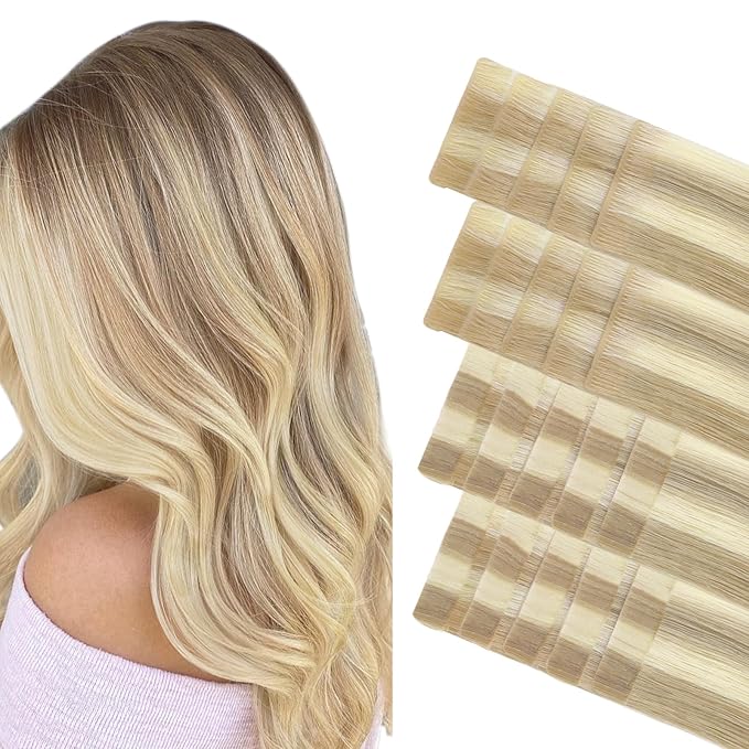 GOO GOO Invisi Edge Tape in Hair Extensions Human Hair, 18A/613A Dark Blonde Highlighted Bleach Blonde 10pcs injected with 10pcs classical tape ins, 12inch 40g, Virgin Remy Hair, Natural Look