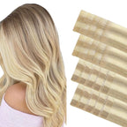 GOO GOO Invisi Edge Tape in Hair Extensions Human Hair, 18A/613A Dark Blonde Highlighted Bleach Blonde 10pcs injected with 10pcs classical tape ins, 24inch 50g, Virgin Remy Hair, Natural Look
