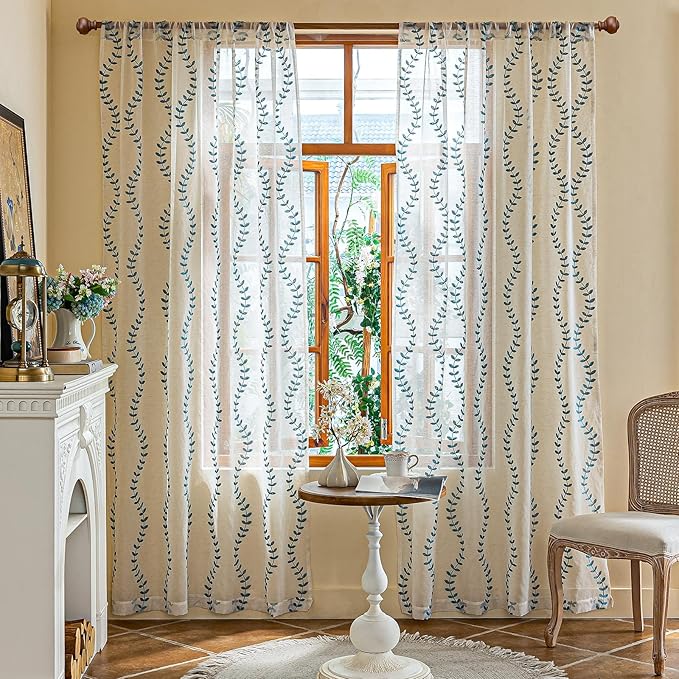 2 Panels Linen Leaf String Floral Embroidered Semi Sheer Curtain Farmhouse - Image 2