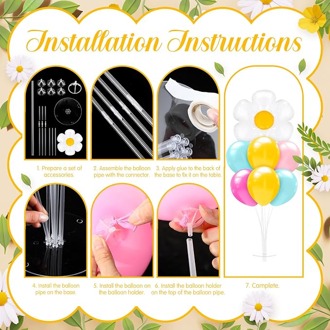Seematn 2 Set Daisy Balloon Stand Kits Pastel Pink Green Yellow Balloons Sticks - Image 4