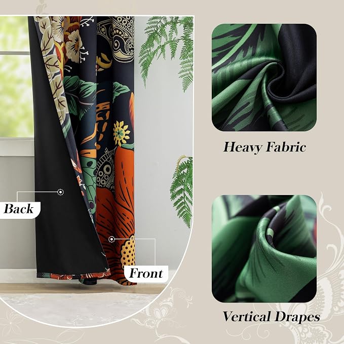 Tyrot Black Boho Floral 100% Blackout Curtains - Image 6