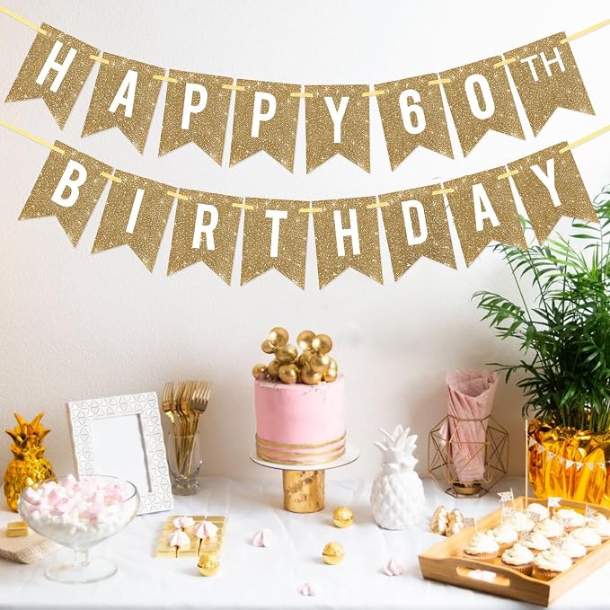 Netnology Pre-Strung Gold Glitter 60th Happy Birthday Banner Decorations | 12 - Image 4