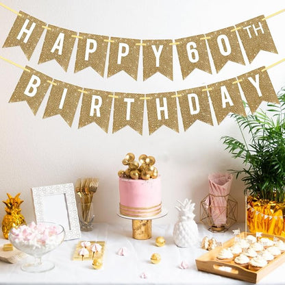 Netnology Pre-Strung Gold Glitter 60th Happy Birthday Banner Decorations | 12 - Image 4