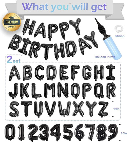 Black Happy Birthday Balloon Banner Set -16" Foil Letters Balloons | 76pcs - Image 2