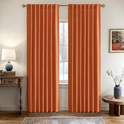 MIULEE Patterned Farmhouse Linen Curtains, Back Tab, Burnt Orange | Linen - Image 2
