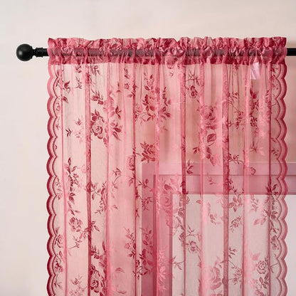 SEEKRIGHT Coral Lace Curtains 63 Inch Length 2 Panels Set Country Floral Sheer - Image 3