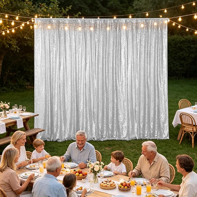 Hahuho Silver Sequin Backdrop Curtain, Party Decoration（6 Panels, 2FT x 8FT - Image 3
