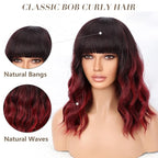 Nnzes Ombre Red Wig with Bangs for Women Bob Wavy Synthetic Wigs with Natural Shoulder Length Curly Heat Resistant Hair for Daily Party Use