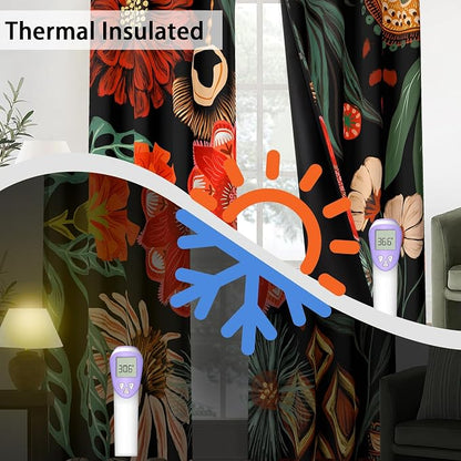 Tyrot 100% Blackout Black Boho Floral Curtains 45 Inch Long 2 Panels Mid - Image 4