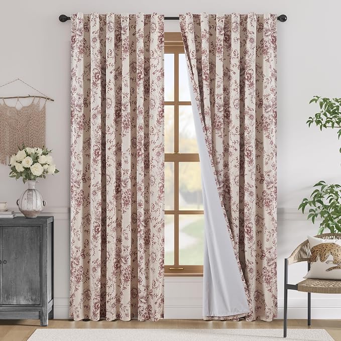 jinchan Red Floral Linen Blackout Curtains Lined 84 Inch Back Tab 2 Panels | by JINCHAN