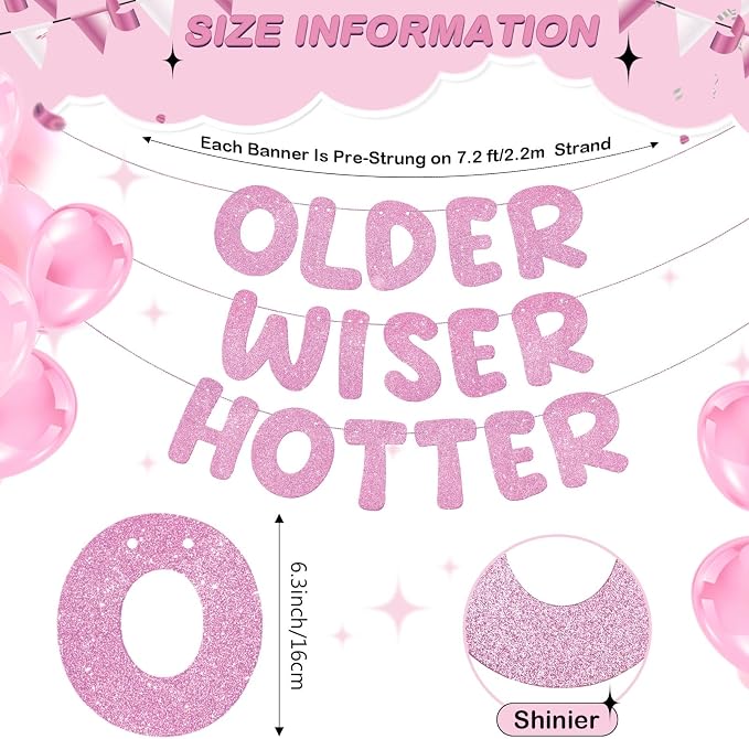 Fulmoon Set of 3 Pre Strung Older Wiser Hotter Glitter Banner Funny Birthday - Image 3