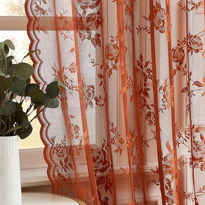 Terracotta Lace Curtains 102 Inches Long Rust Country Floral Sheer Curtains - Image 4