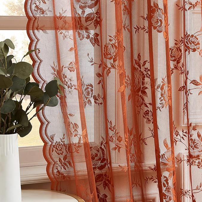Burnt Orange Lace Curtains Country Rustic Floral Curtain - Image 5