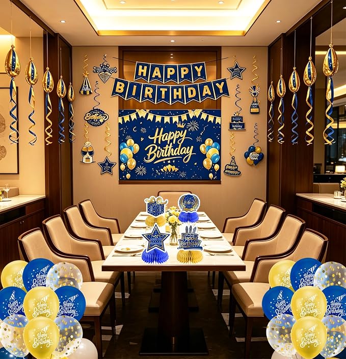 Blue Gold Birthday Decorations for Men Women | Pre-Strung Happy Birthday Banner - Image 3