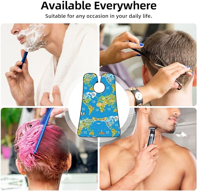 Beard Trimming Catcher Apron, Waterproof Non-Stick Grooming Bib for Shaving, Ideal for Men Dad Father’s Day, Animal World Map Shave Bib