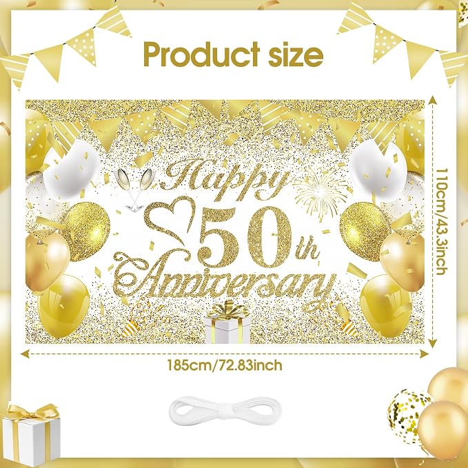 50th Wedding Anniversary Decorations Banner White Gold Happy 50th Anniversary - Image 2