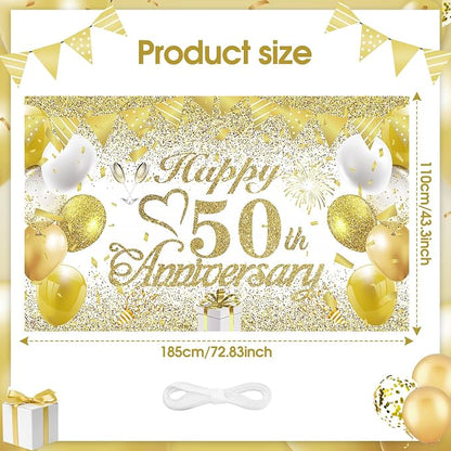 50th Wedding Anniversary Decorations Banner White Gold Happy 50th Anniversary - Image 2