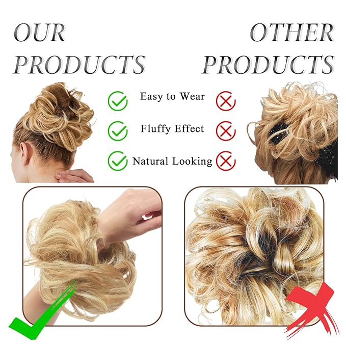 Large Messy Bun Hair Piece Curly Synthetic Extensions Scrunchies Fake Chignon Updo Hairpieces for Women Blonde Highlights